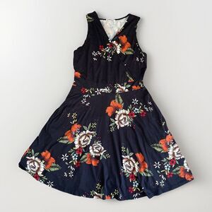 Guberry Size L Wrap Dress V Neck Pockets Sleeveless Navy‎ Multicolor Floral Knit